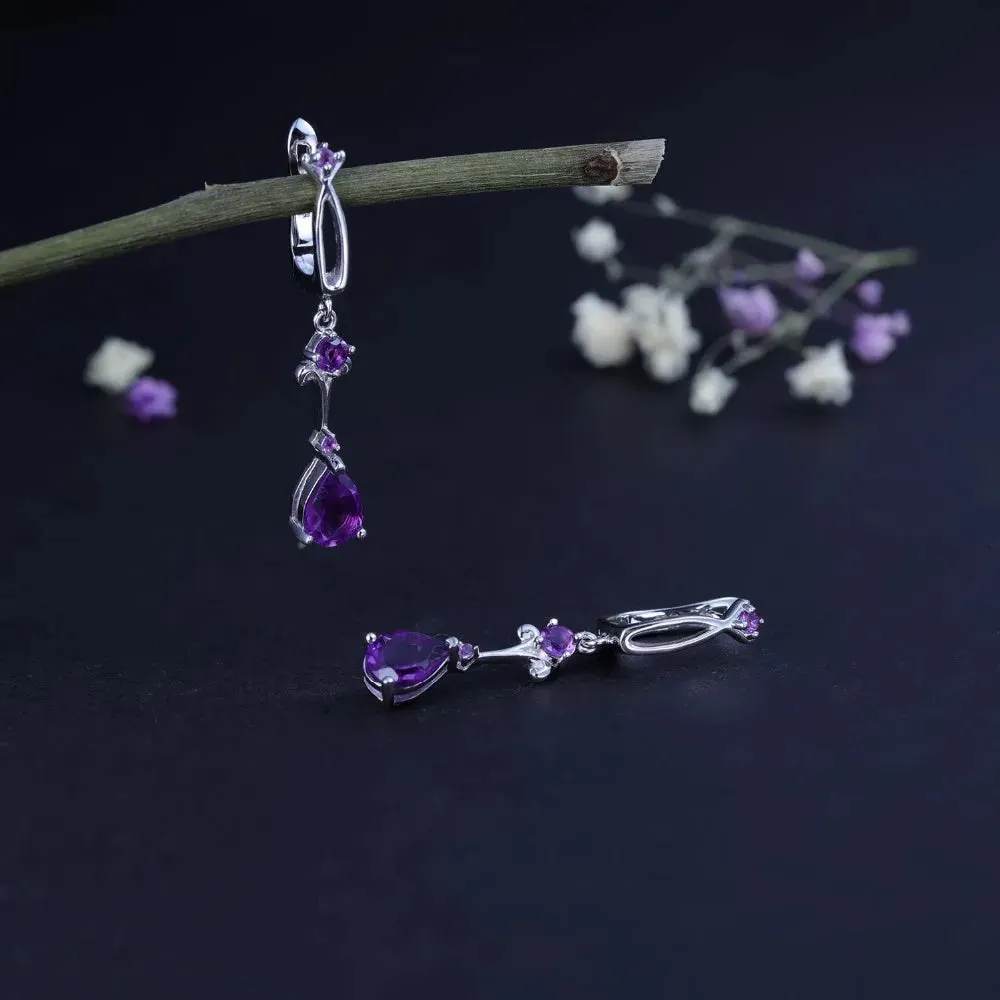2.87Ct Natural Purple Amethyst Drop Earrings – 925 Sterling Silver Flower Vintage