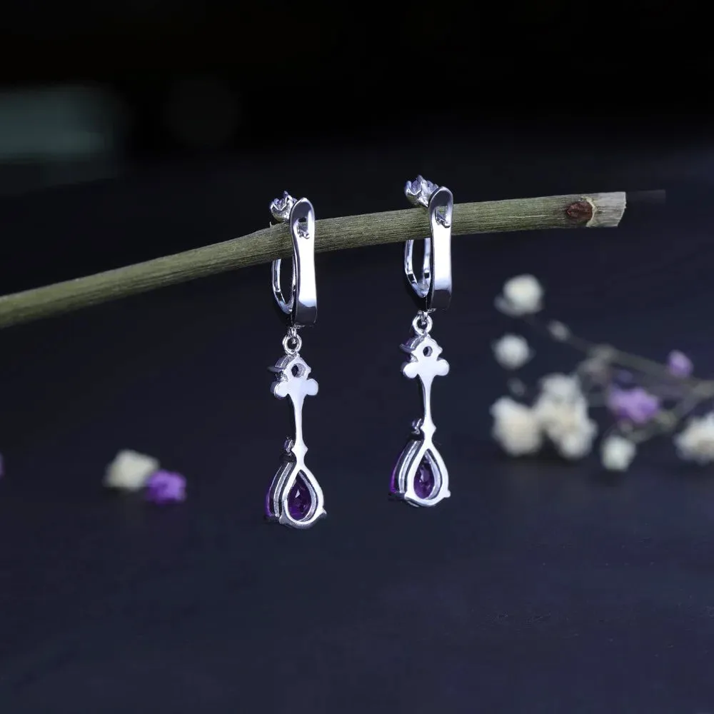 2.87Ct Natural Purple Amethyst Drop Earrings – 925 Sterling Silver Flower Vintage