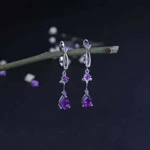 2.87Ct Natural Purple Amethyst Drop Earrings – 925 Sterling Silver Flower Vintage