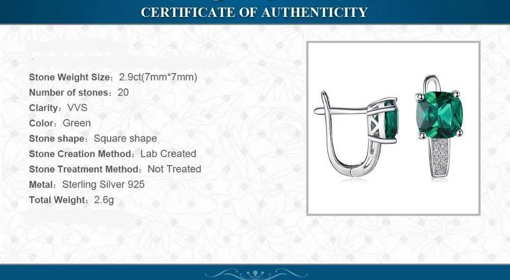 3.1ct Created Green Emerald Clip On Earrings 925 Sterling Silver