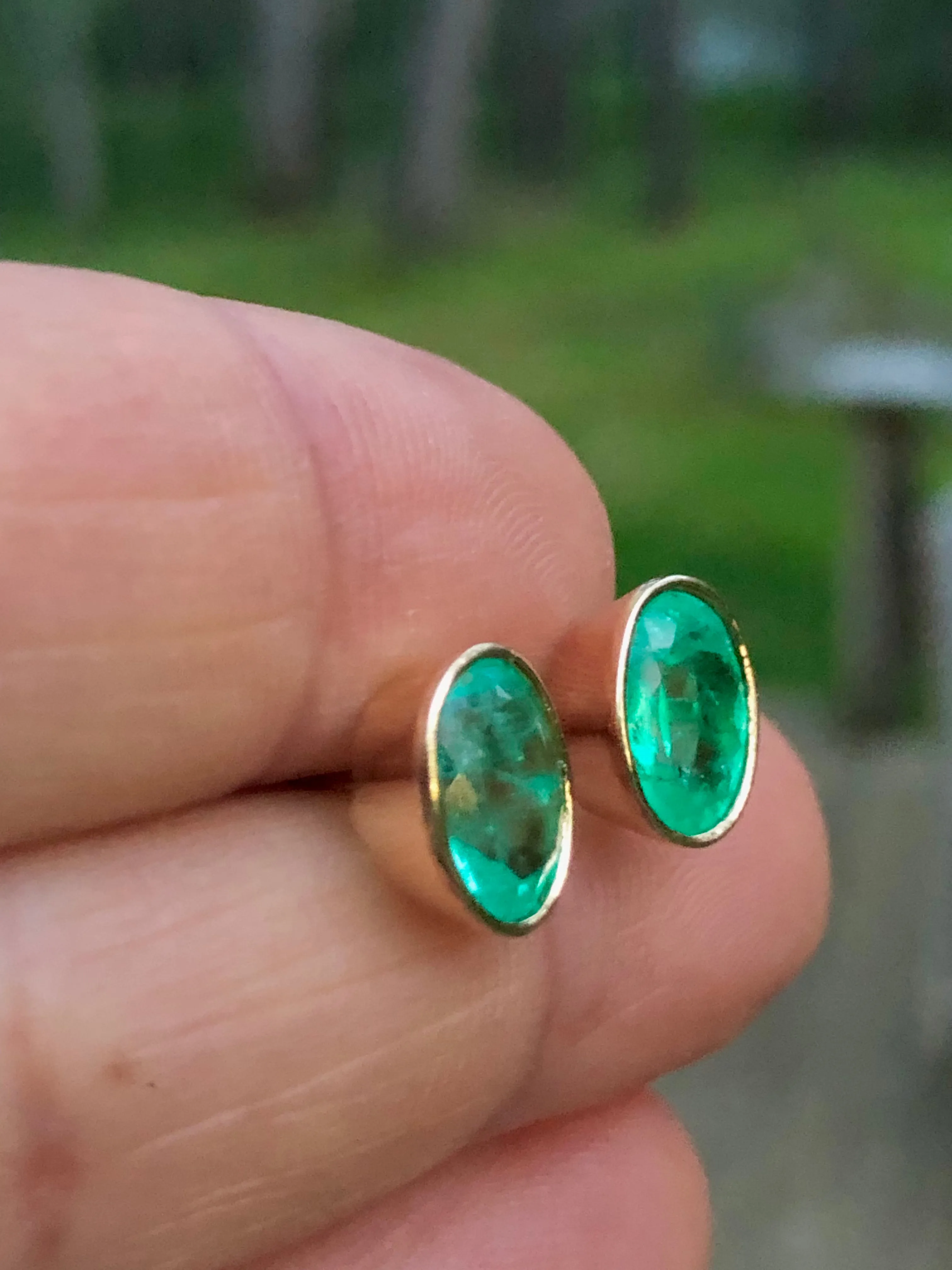 3.63 Carat Natural Colombian Emerald Oval Stud Earrings 18k Gold