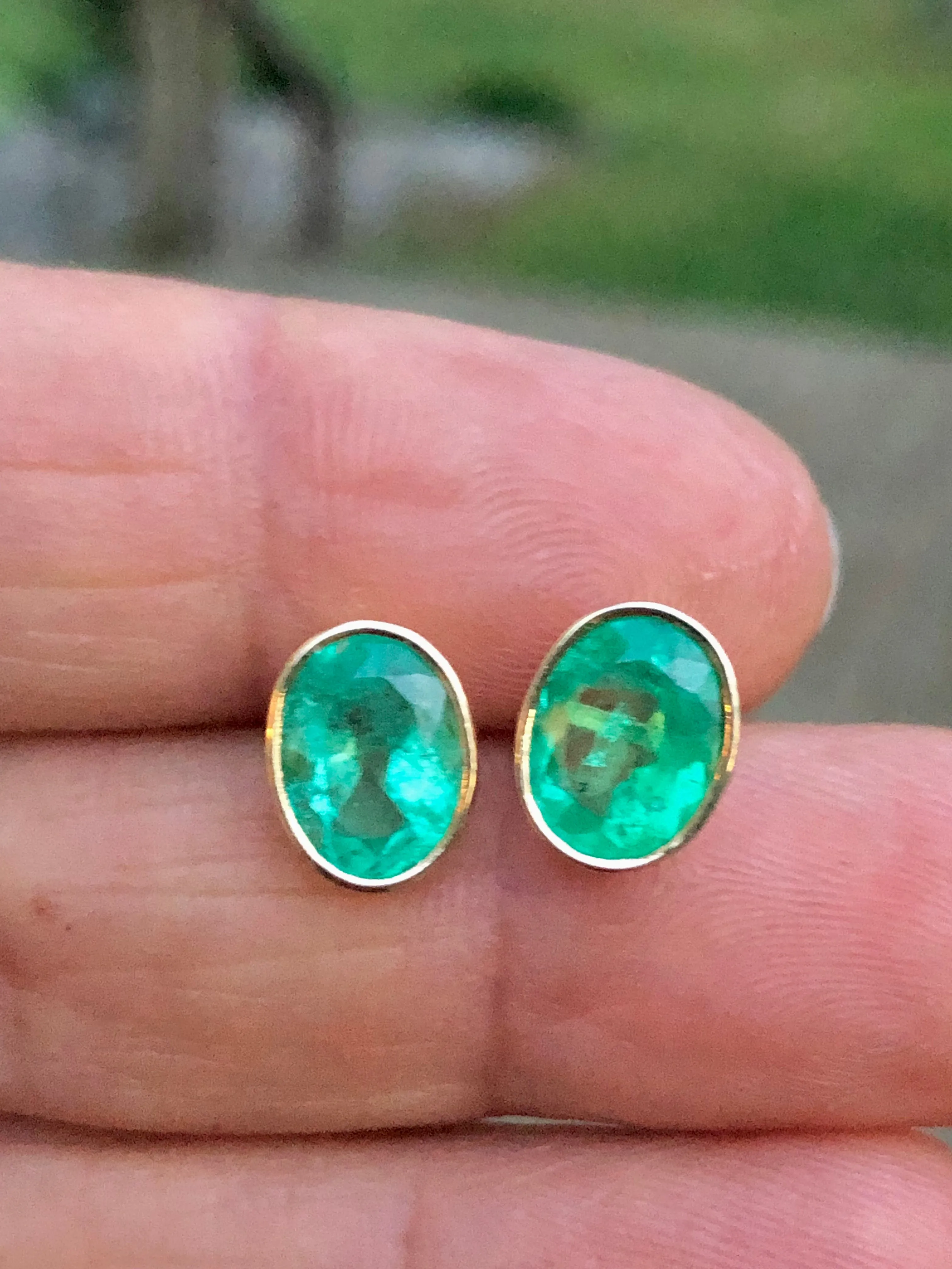 3.63 Carat Natural Colombian Emerald Oval Stud Earrings 18k Gold