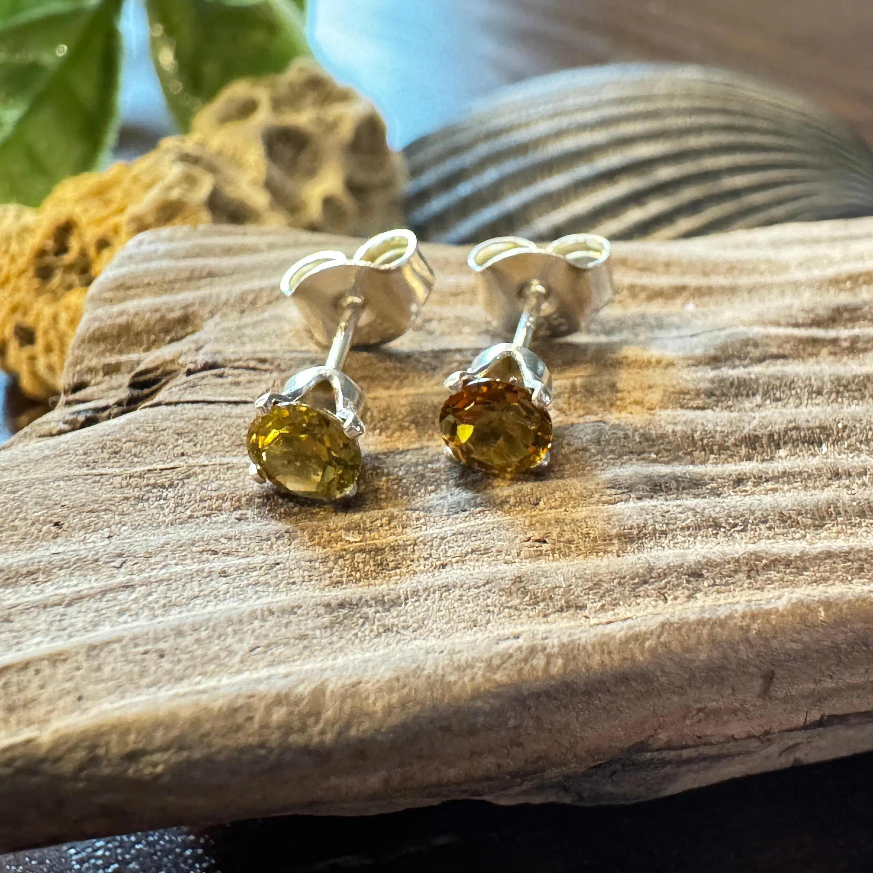4mm Dark Yellow-Green Topaz Stud Earrings - Sterling Silver with Sparkle
