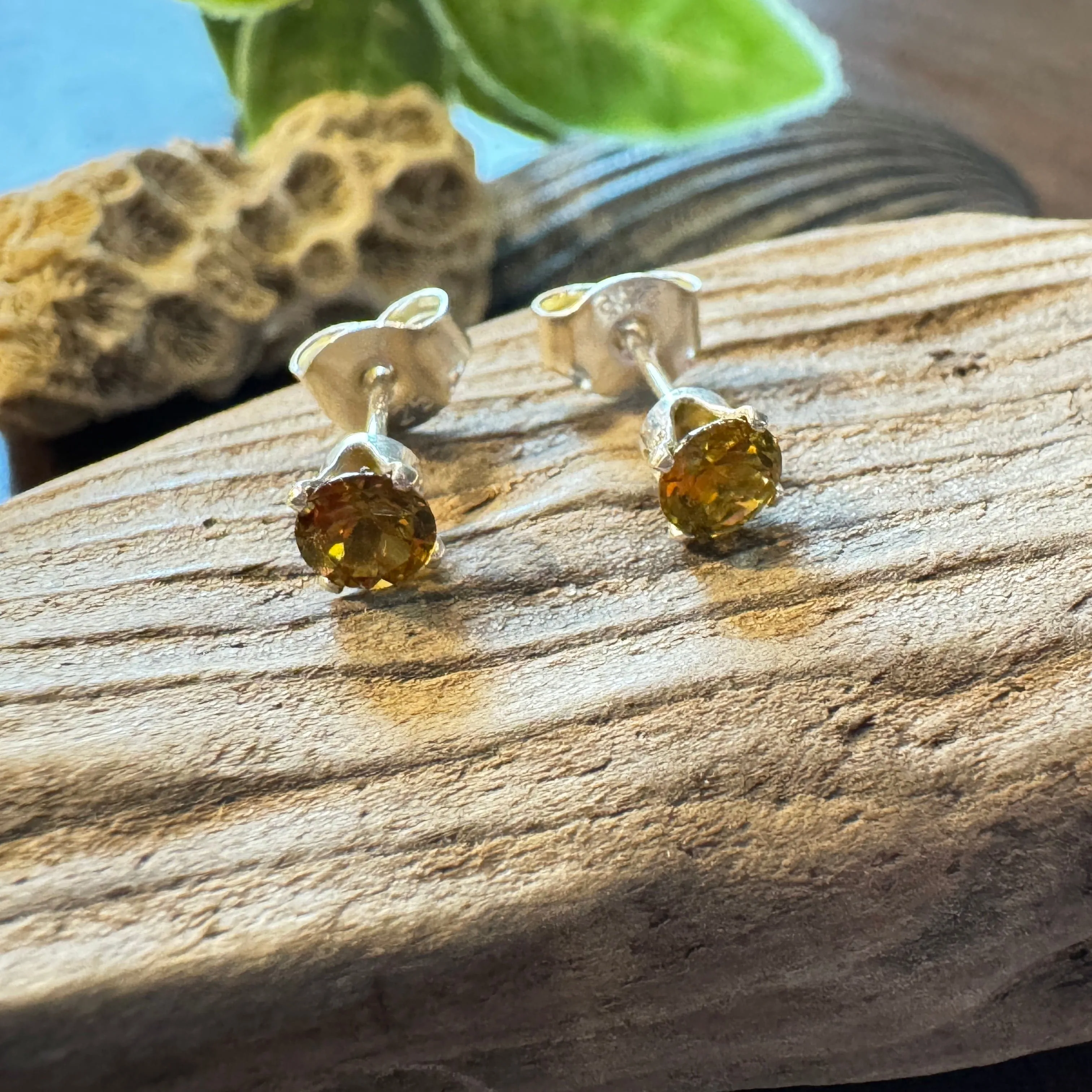 4mm Dark Yellow-Green Topaz Stud Earrings - Sterling Silver with Sparkle