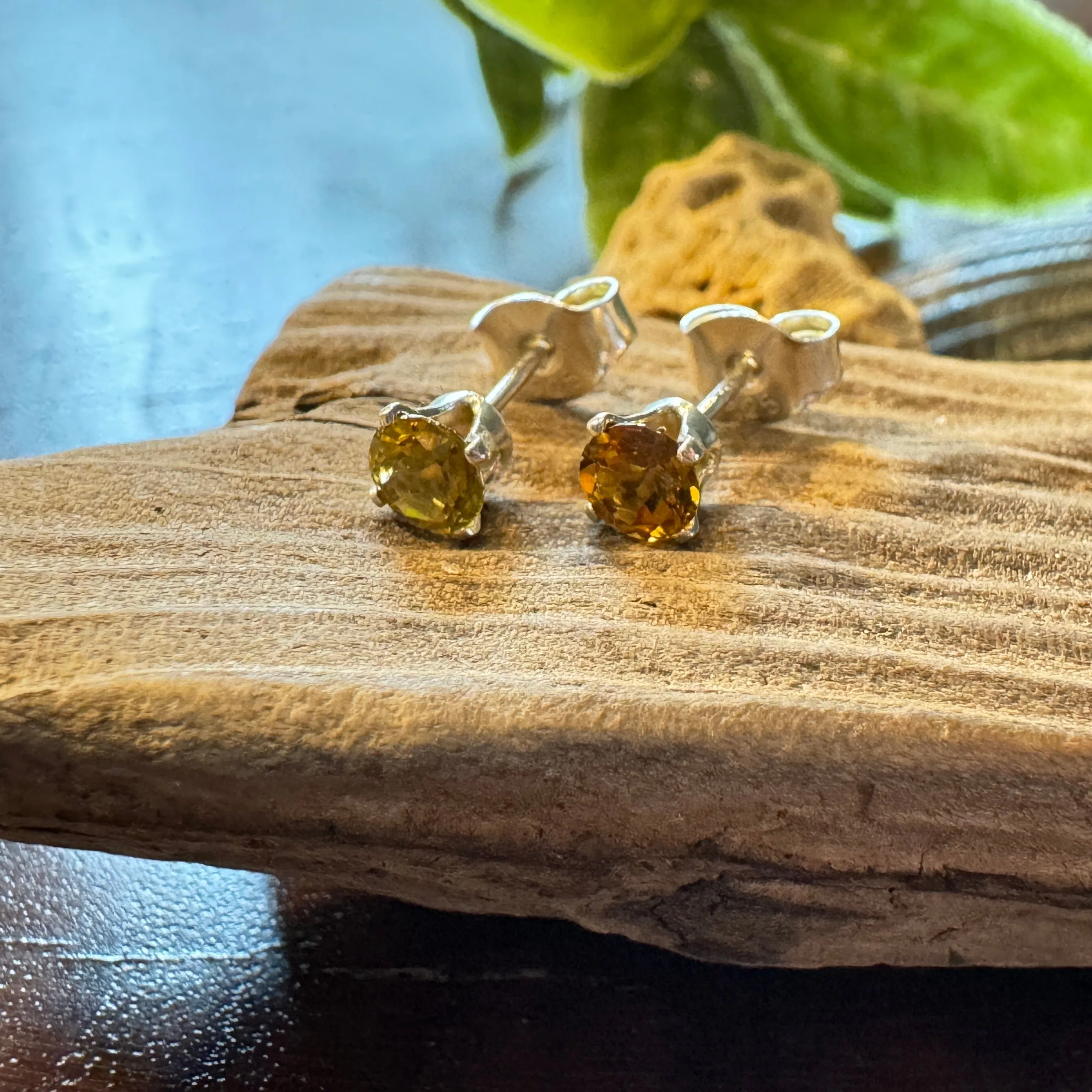 4mm Dark Yellow-Green Topaz Stud Earrings - Sterling Silver with Sparkle