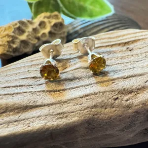 4mm Dark Yellow-Green Topaz Stud Earrings - Sterling Silver with Sparkle