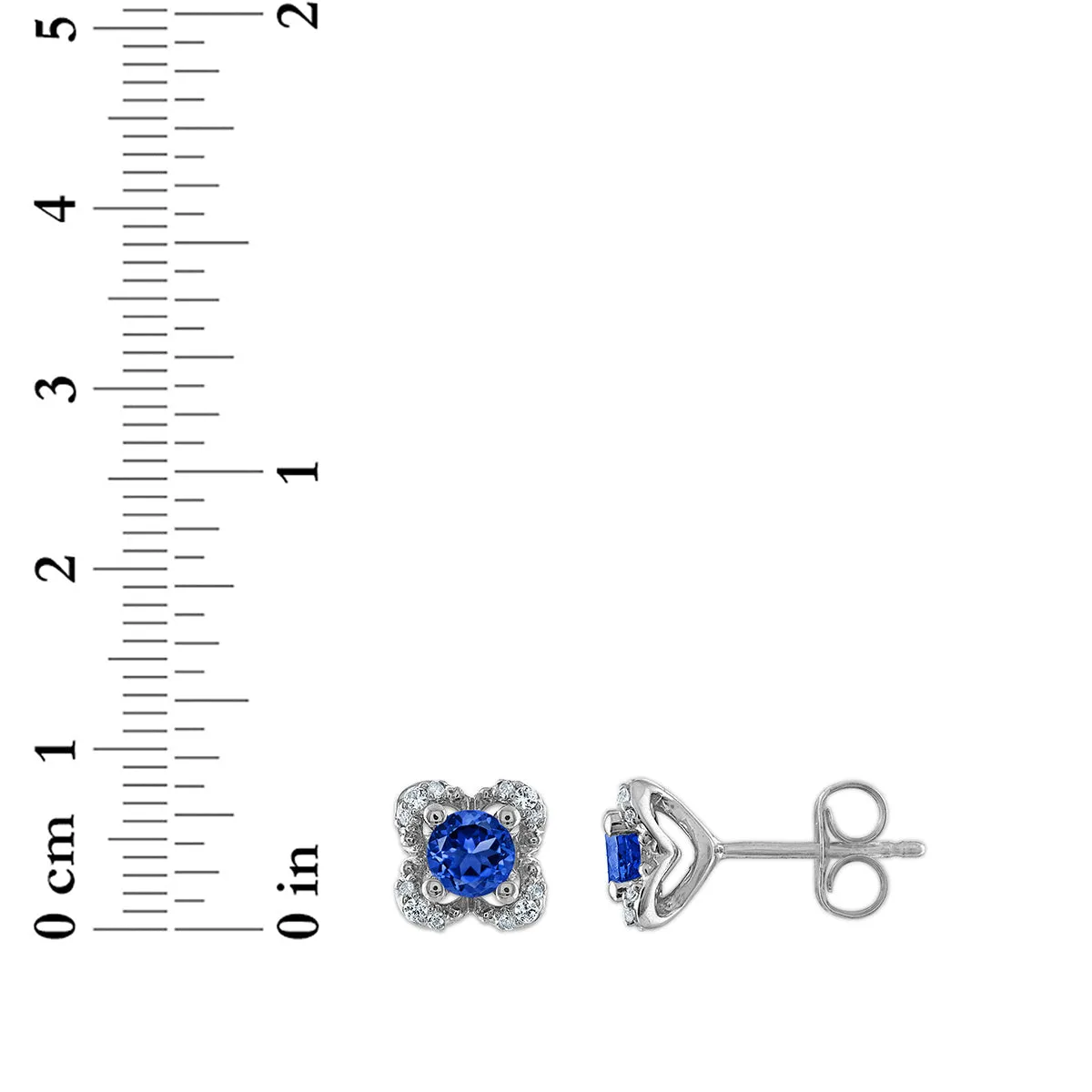 4MM Round Blue Sapphire and White Sapphire Birthstone Flower Halo Earrings in Sterling Silver