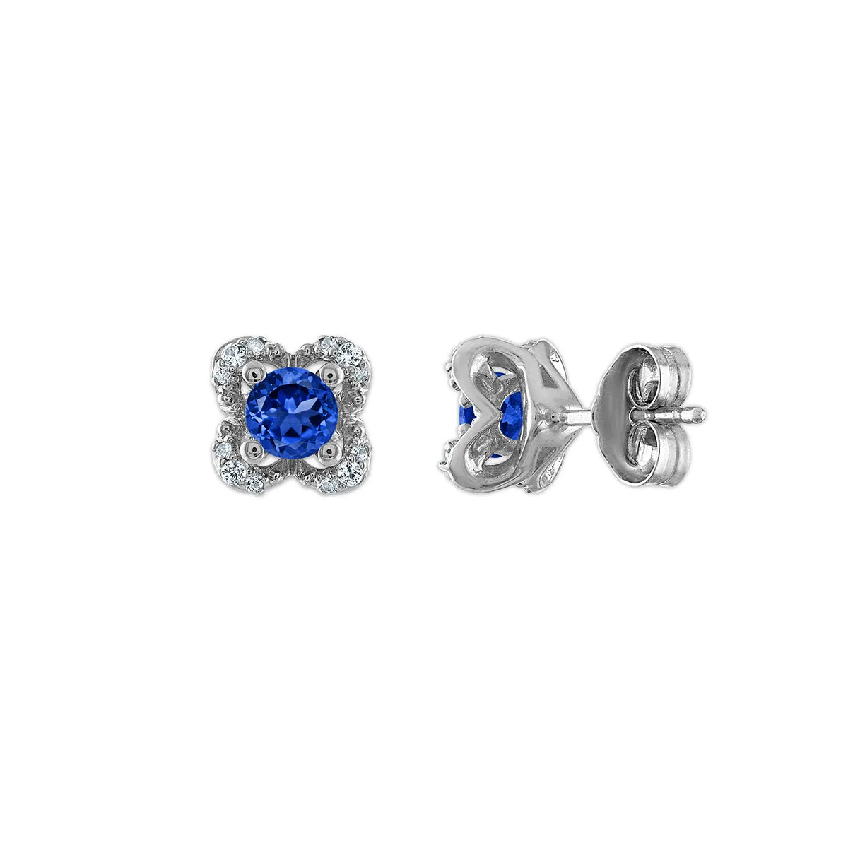 4MM Round Blue Sapphire and White Sapphire Birthstone Flower Halo Earrings in Sterling Silver