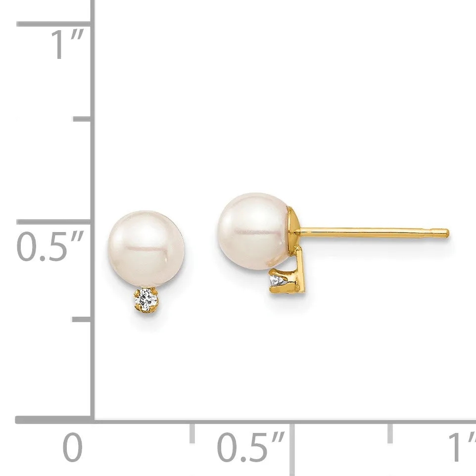 4MM Round Pearl and Diamond Stud Earrings in 14KT Yellow Gold