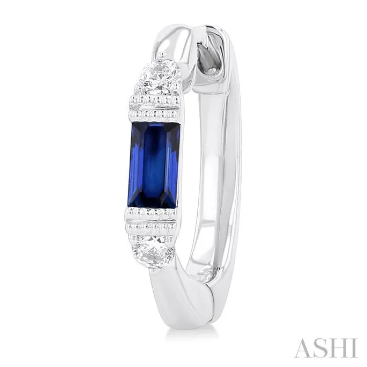 4X2 MM Baguette Cut Sapphire and 1/10 ctw Round Cut Diamond Precious Hoop Earring in 10K White Gold