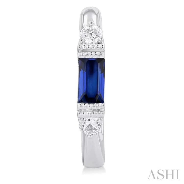 4X2 MM Baguette Cut Sapphire and 1/10 ctw Round Cut Diamond Precious Hoop Earring in 10K White Gold