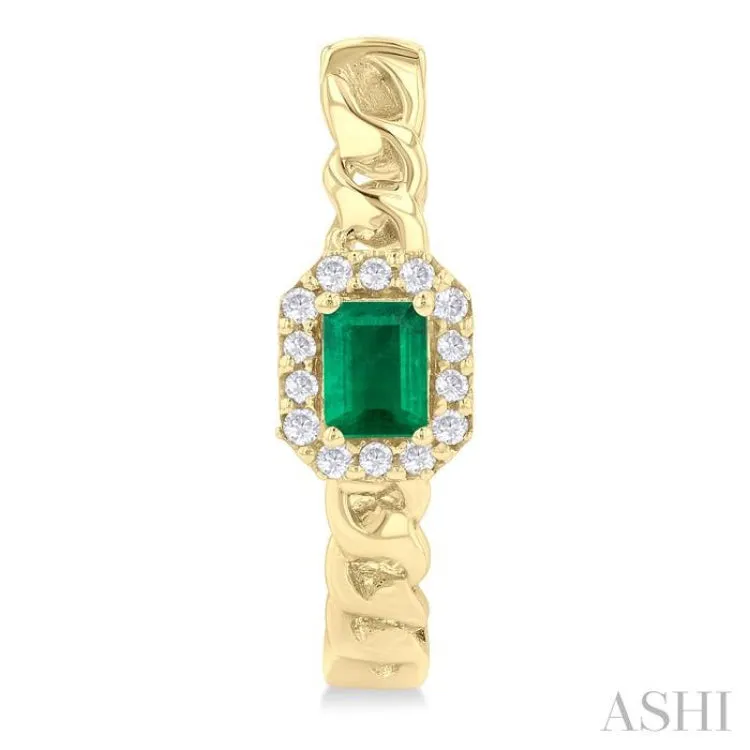 4X3 MM Curb Chain Inspired Octagonal Centerpiece Emerald and 1/6 ctw Round Cut Diamond Precious Fashion Hoop Earring in 10K Yellow Gold