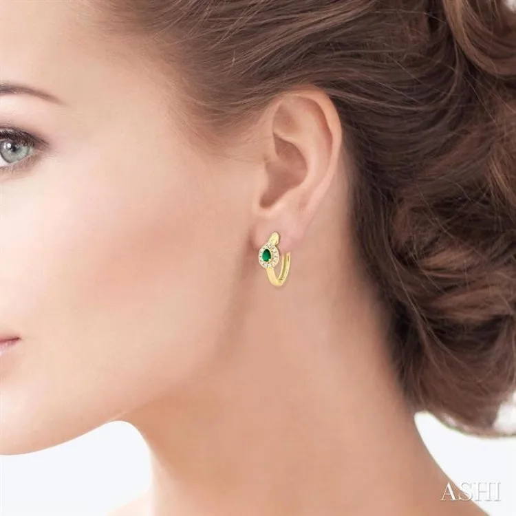 4X3 MM Pear Cut Emerald and 1/10 ctw Petite Round Cut Halo Diamond Fashion Huggies in 10K Yellow Gold