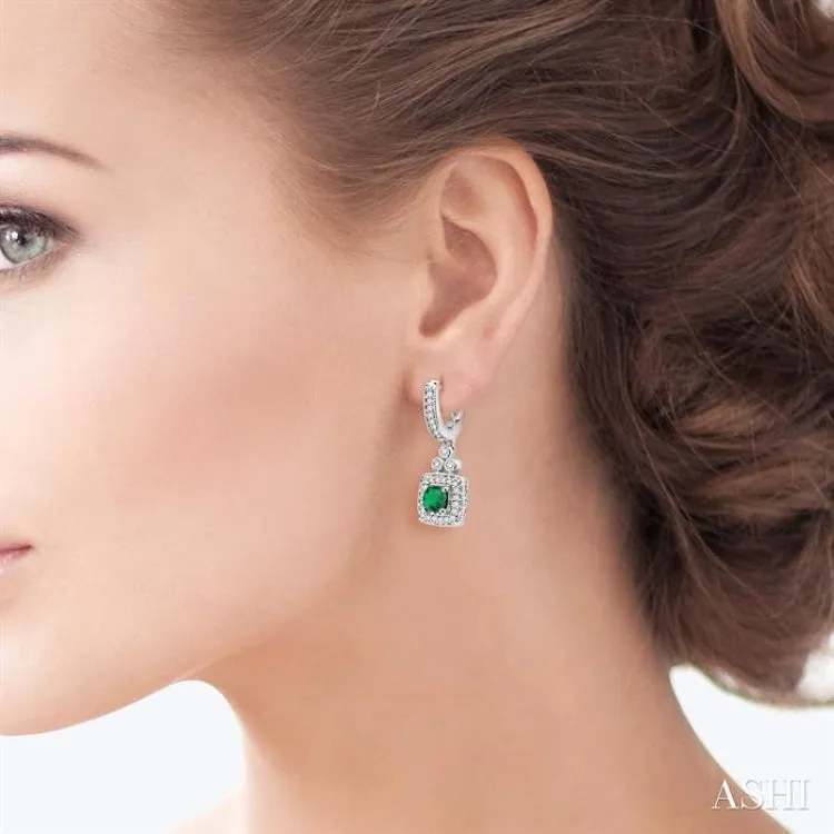 4x4 MM Cushion Cut Emerald and 1/3 Ctw Round Cut Diamond Earrings in 14K White Gold