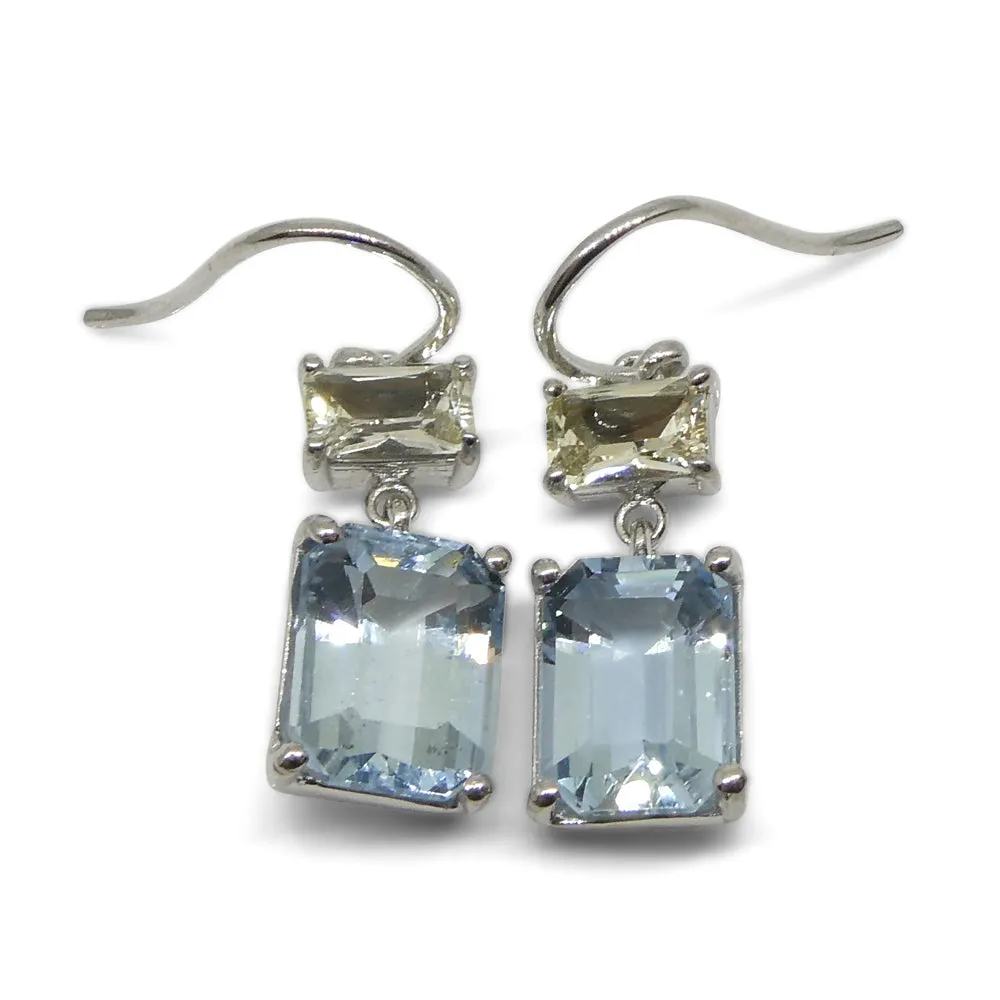 5.53ct Blue Aquamarine & Yellow Sapphire Earrings set in 14k White Gold