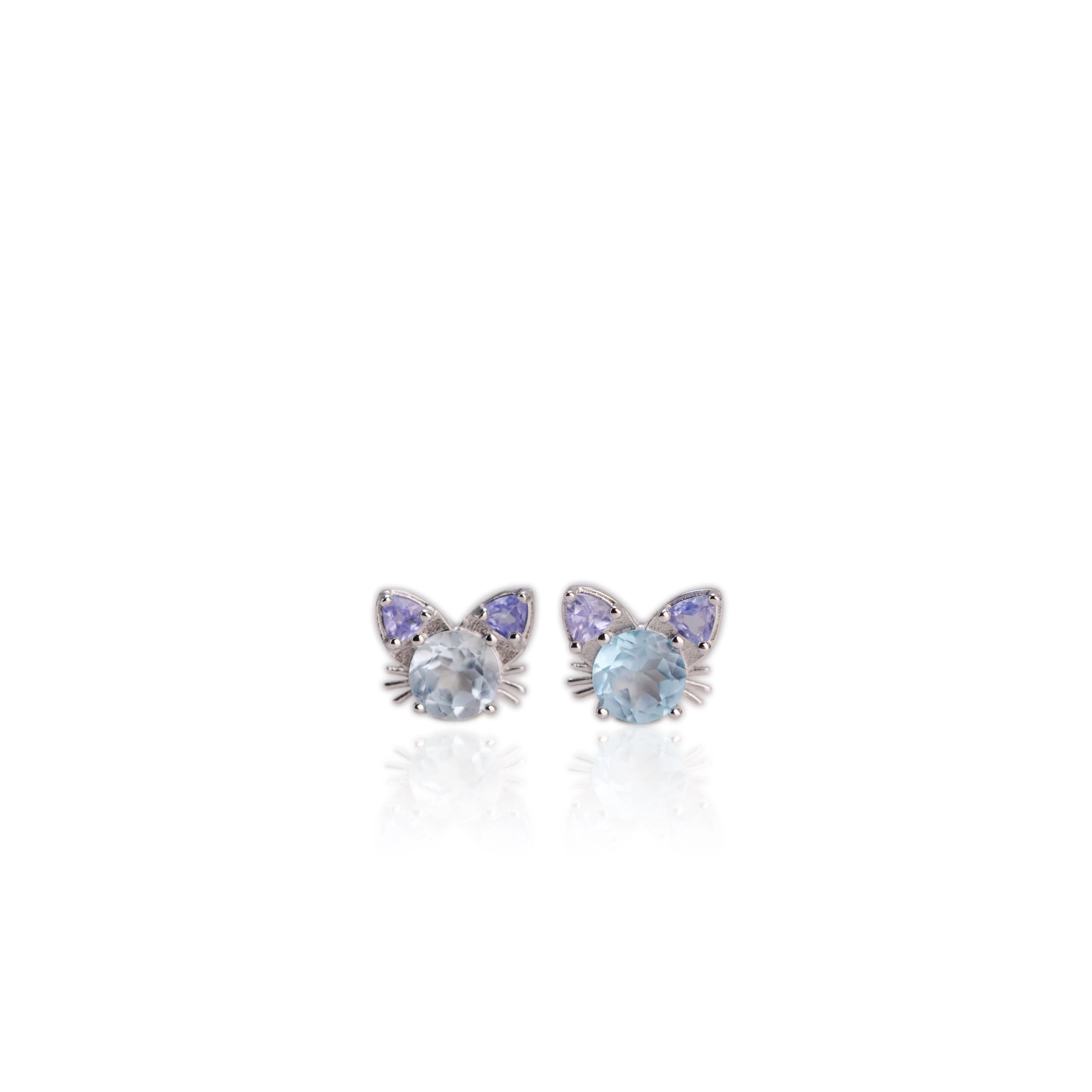 6 mm. Round Cut Sky Blue Brazilian Topaz and Tanzanite Cat Earrings