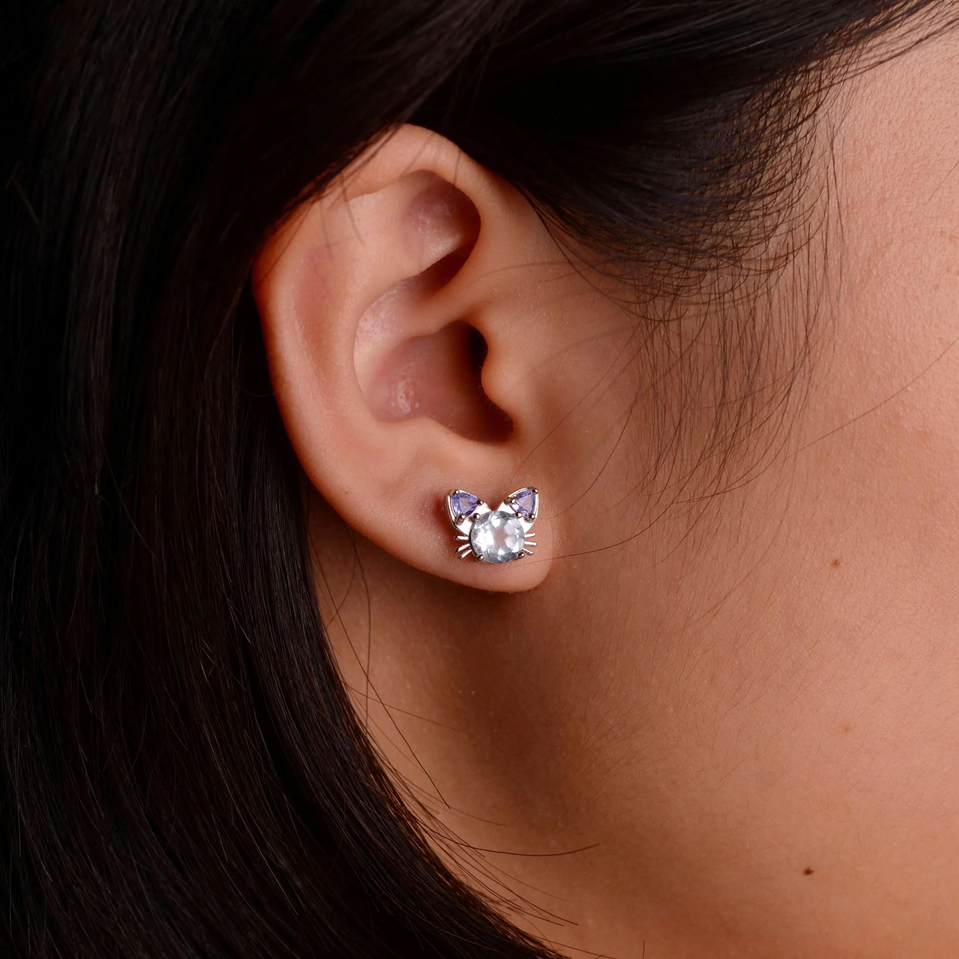 6 mm. Round Cut Sky Blue Brazilian Topaz and Tanzanite Cat Earrings