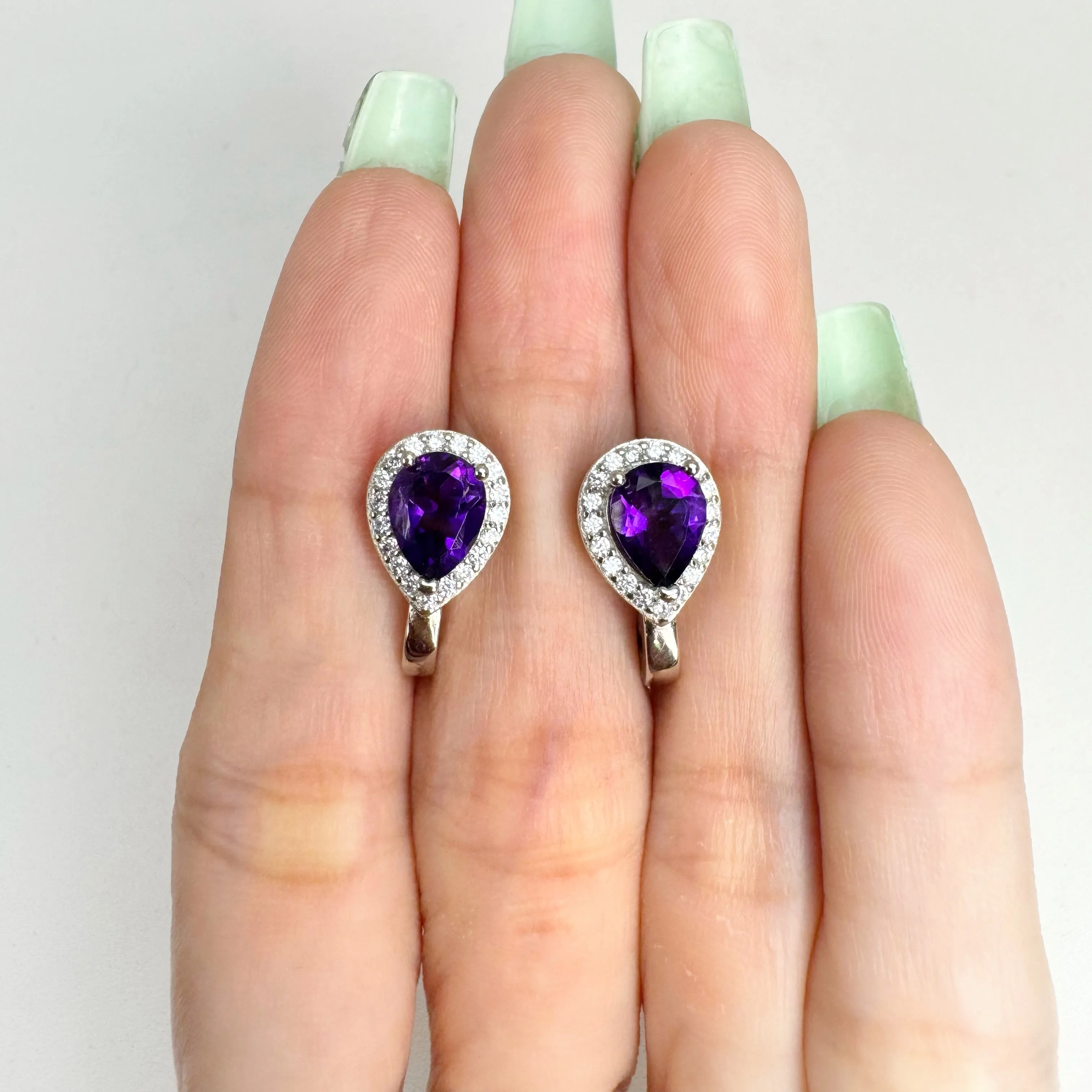 6 x 8 mm. Pear Cut Purple Brazilian Amethyst with Cz Halo Earrings