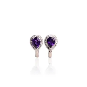 6 x 8 mm. Pear Cut Purple Brazilian Amethyst with Cz Halo Earrings