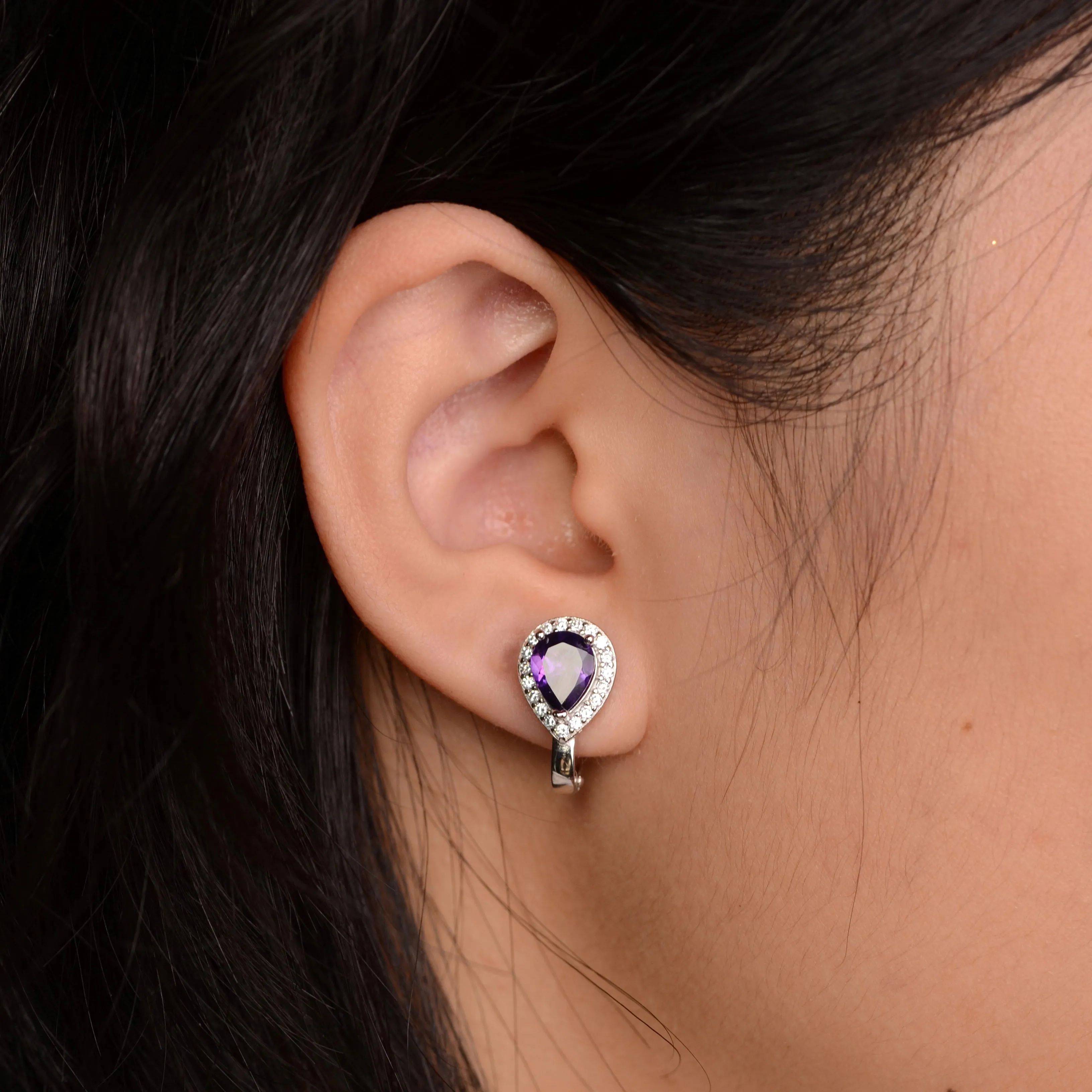 6 x 8 mm. Pear Cut Purple Brazilian Amethyst with Cz Halo Earrings