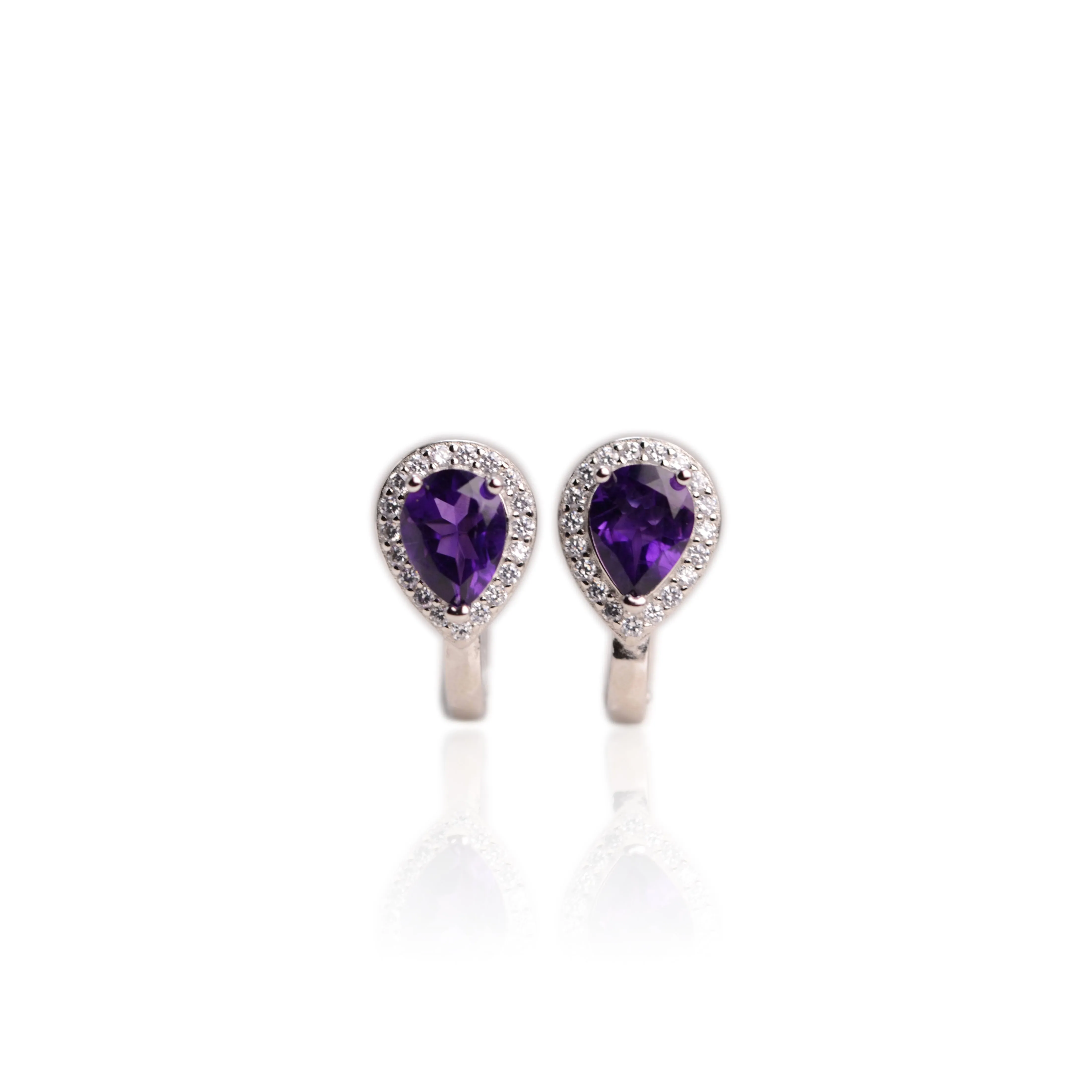 6 x 8 mm. Pear Cut Purple Brazilian Amethyst with Cz Halo Earrings