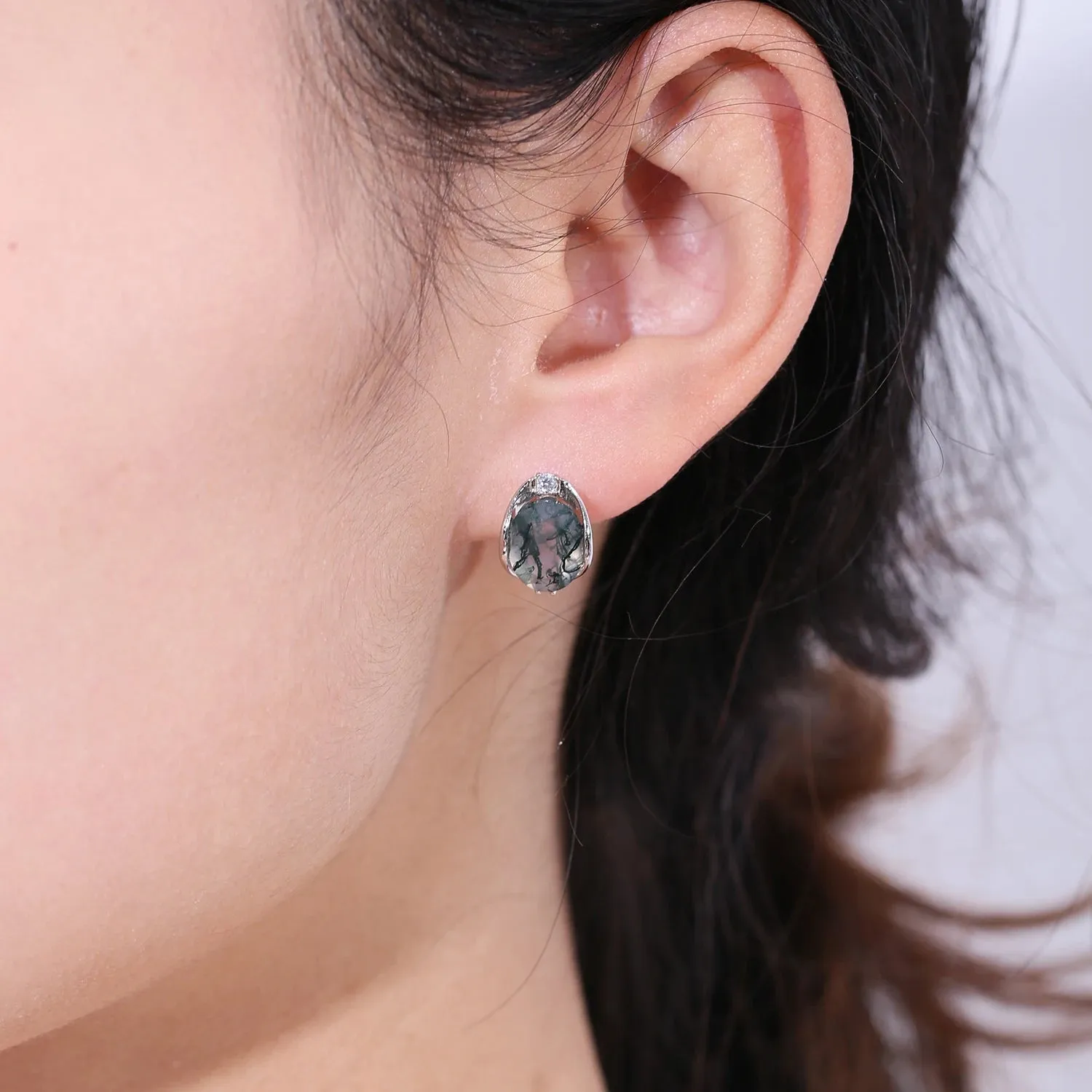 8x10mm Oval Natural Moss Agate Stud Earrings in 925 Sterling Silver – Dainty Gemstone Earrings