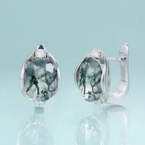 8x10mm Oval Natural Moss Agate Stud Earrings in 925 Sterling Silver – Dainty Gemstone Earrings