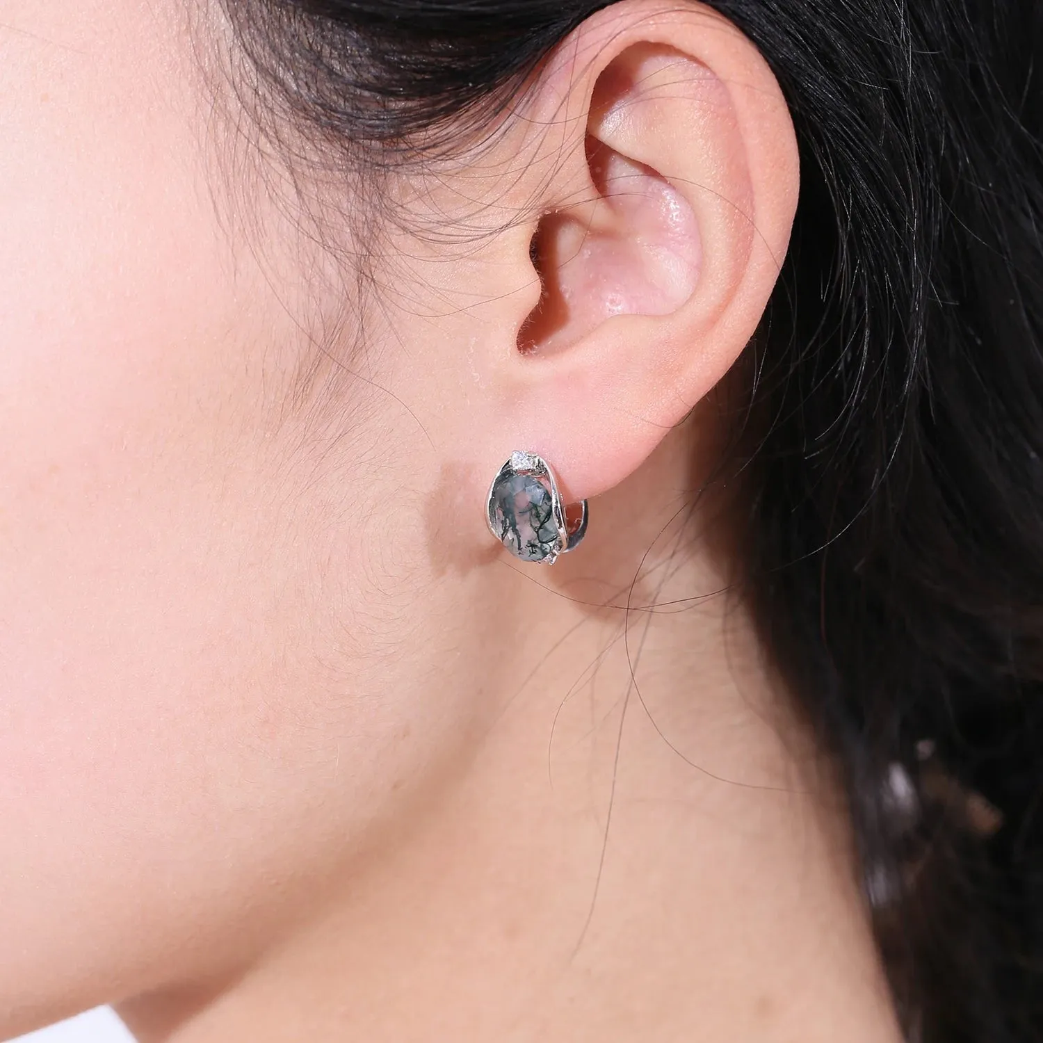 8x10mm Oval Natural Moss Agate Stud Earrings in 925 Sterling Silver – Dainty Gemstone Earrings