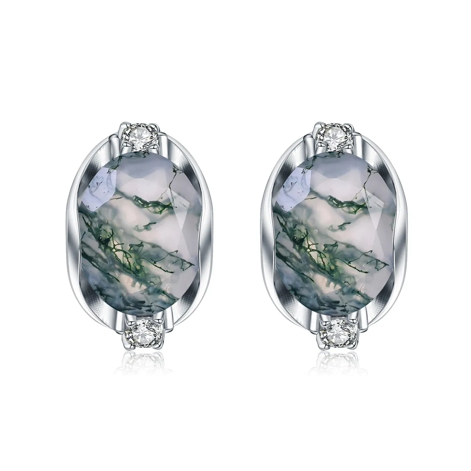 8x10mm Oval Natural Moss Agate Stud Earrings in 925 Sterling Silver – Dainty Gemstone Earrings