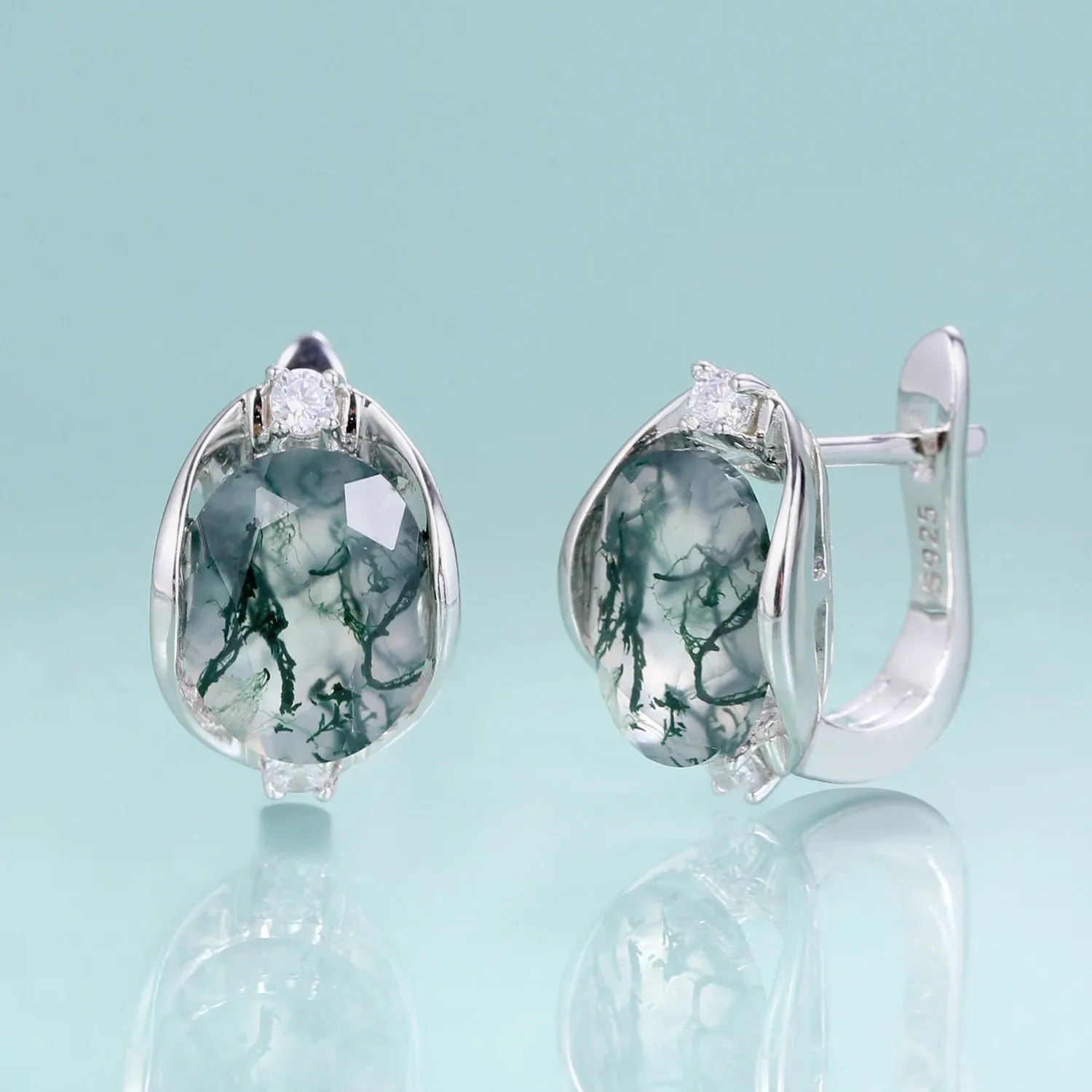 8x10mm Oval Natural Moss Agate Stud Earrings in 925 Sterling Silver – Dainty Gemstone Earrings