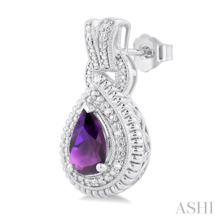 8X5 MM Pear Cut Amethyst and 1/20 ctw Round Cut Diamond Semi Precious Earring in Sterling Silver
