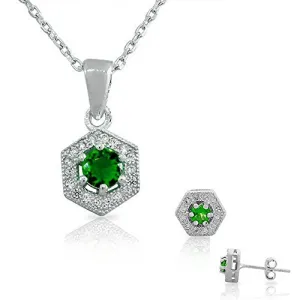 925 Sterling Silver Emerald-Tone Green White CZ Hexahedron Round Pendant Necklace Stud Earrings Set