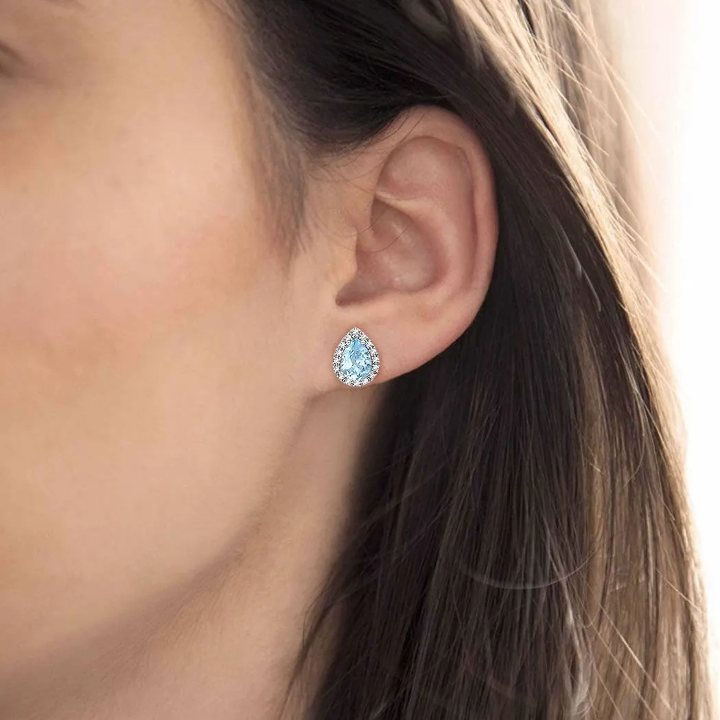 9ct White Gold Blue Topaz & Diamond Pear Halo Stud Earrings
