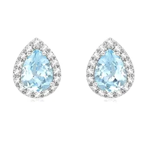 9ct White Gold Blue Topaz & Diamond Pear Halo Stud Earrings