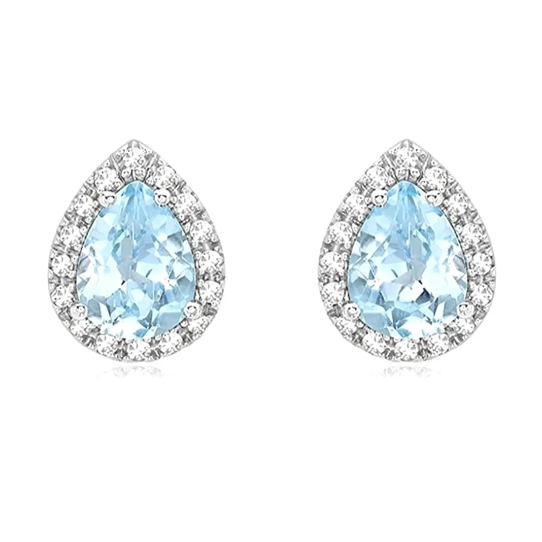 9ct White Gold Blue Topaz & Diamond Pear Halo Stud Earrings