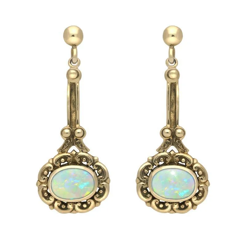 9ct Yellow Gold Opal Ornate Antique Oval Drop Earrings