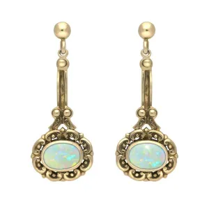 9ct Yellow Gold Opal Ornate Antique Oval Drop Earrings