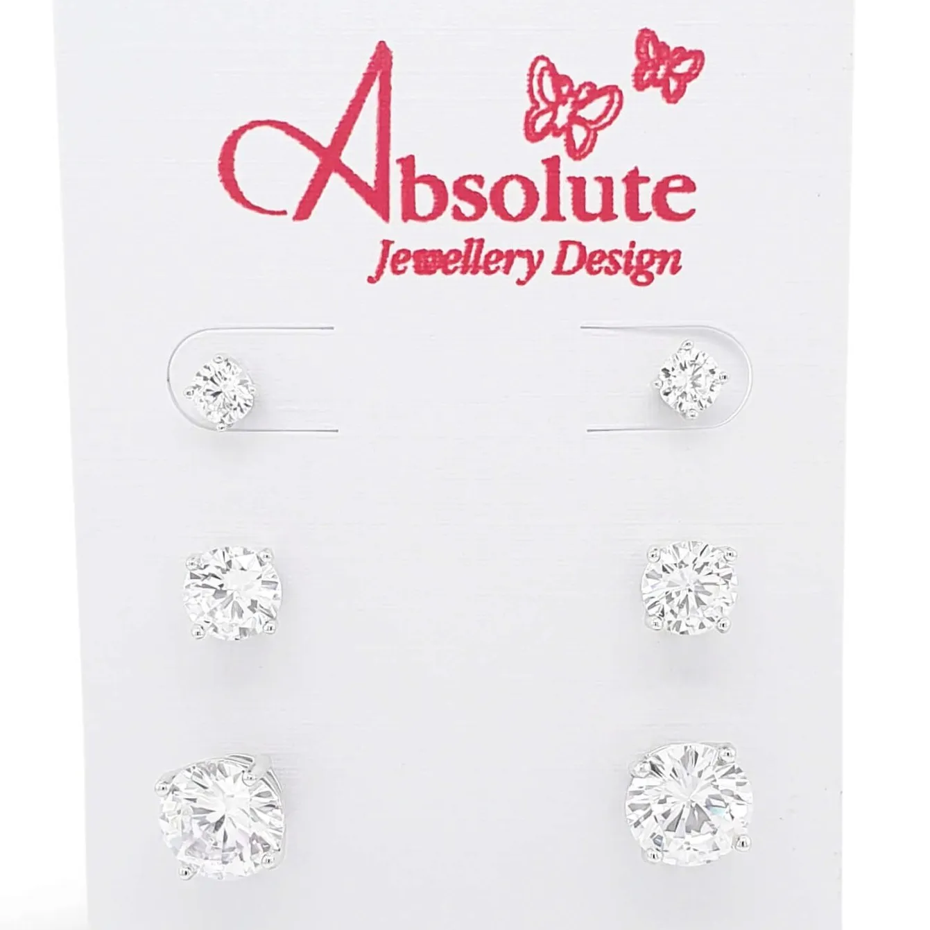 Absolute Silver Solitaire Stud Earrings (3 Pairs)