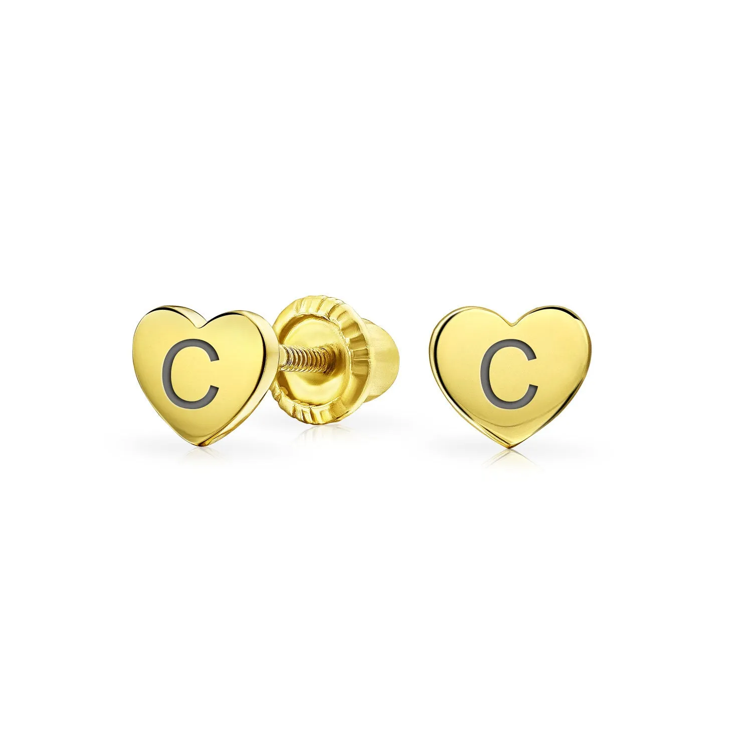 Alphabet Initial A-Z Real 14K Gold Screw back Mini Solid Heart Stud Earrings