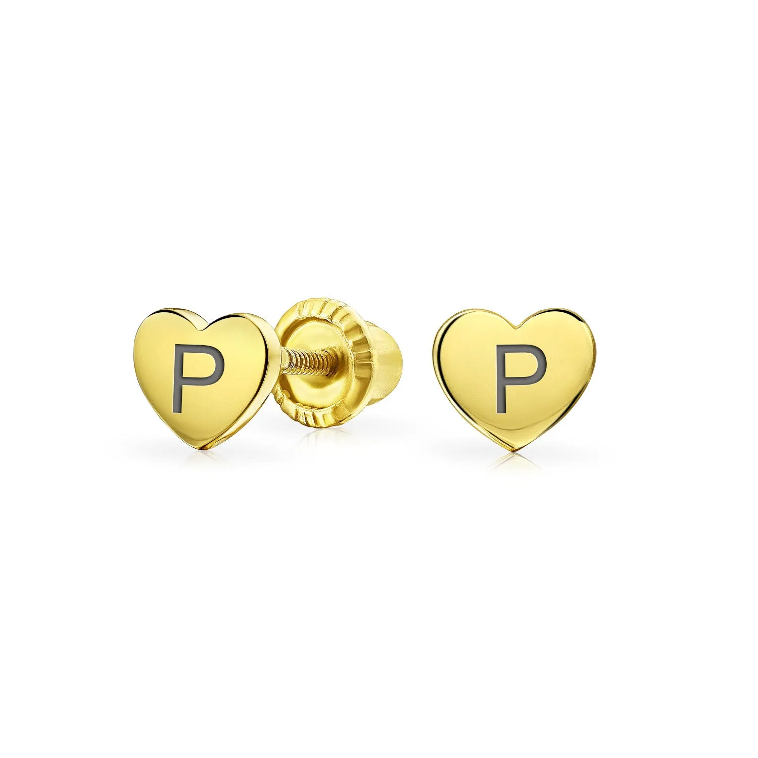 Alphabet Initial A-Z Real 14K Gold Screw back Mini Solid Heart Stud Earrings