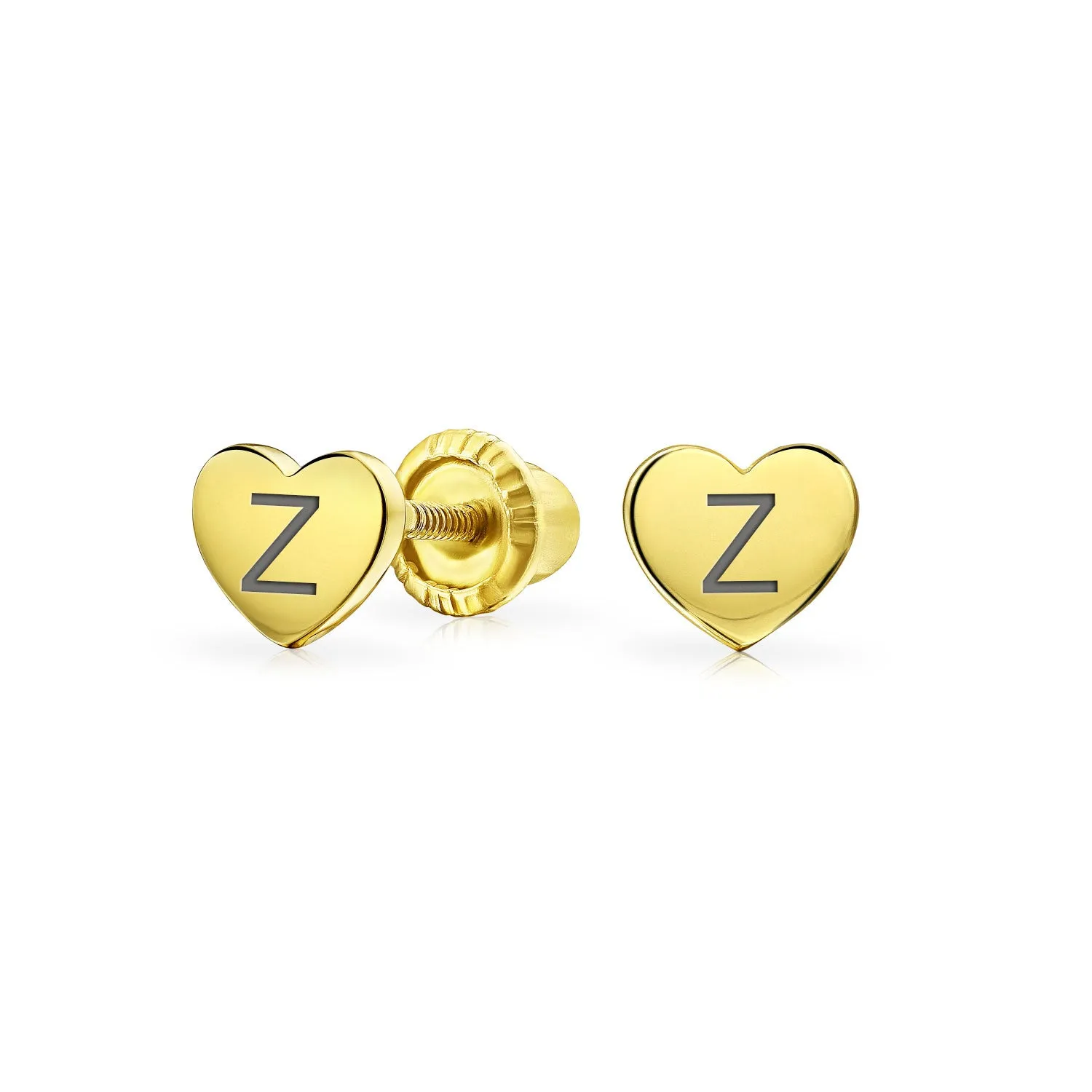Alphabet Initial A-Z Real 14K Gold Screw back Mini Solid Heart Stud Earrings