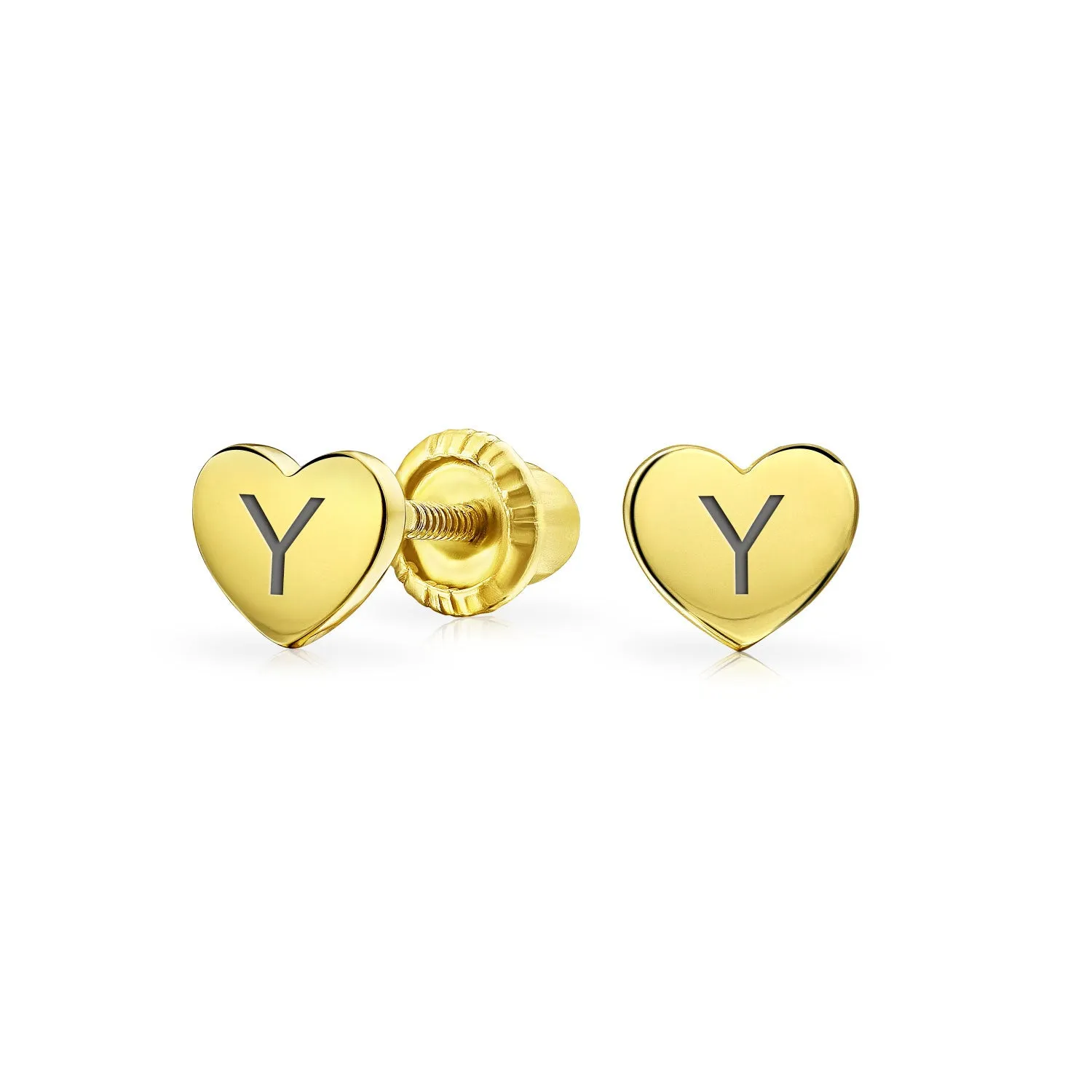 Alphabet Initial A-Z Real 14K Gold Screw back Mini Solid Heart Stud Earrings