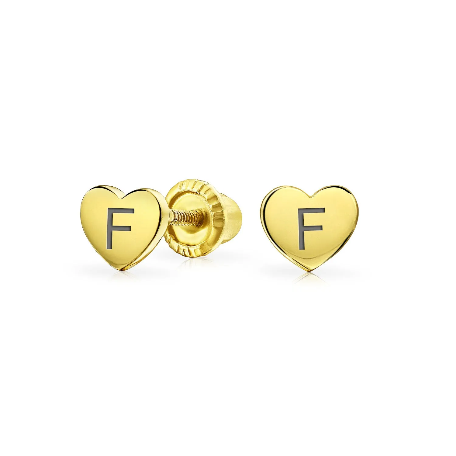 Alphabet Initial A-Z Real 14K Gold Screw back Mini Solid Heart Stud Earrings
