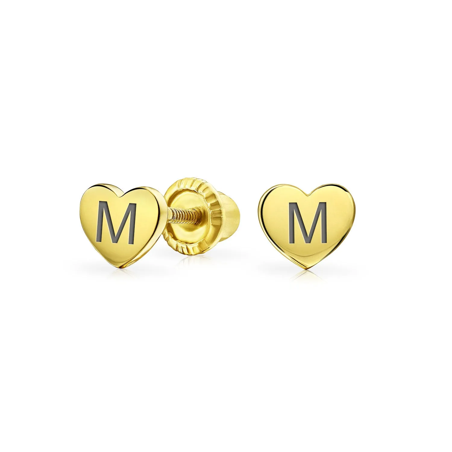 Alphabet Initial A-Z Real 14K Gold Screw back Mini Solid Heart Stud Earrings