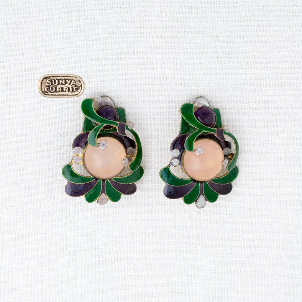Amethyst and Rose Quartz Enamel Clip Earrings