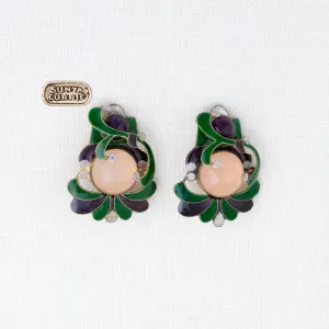 Amethyst and Rose Quartz Enamel Clip Earrings