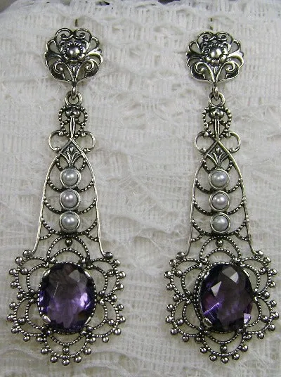 Amethyst Earrings, Long Fancy Lavalier Sterling Silver Filigree, Pearl accents, Vintage Jewelry #E17