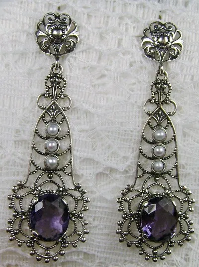 Amethyst Earrings, Long Fancy Lavalier Sterling Silver Filigree, Pearl accents, Vintage Jewelry #E17
