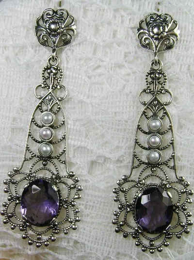 Amethyst Earrings, Long Fancy Lavalier Sterling Silver Filigree, Pearl accents, Vintage Jewelry #E17