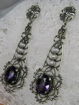 Amethyst Earrings, Long Fancy Lavalier Sterling Silver Filigree, Pearl accents, Vintage Jewelry #E17